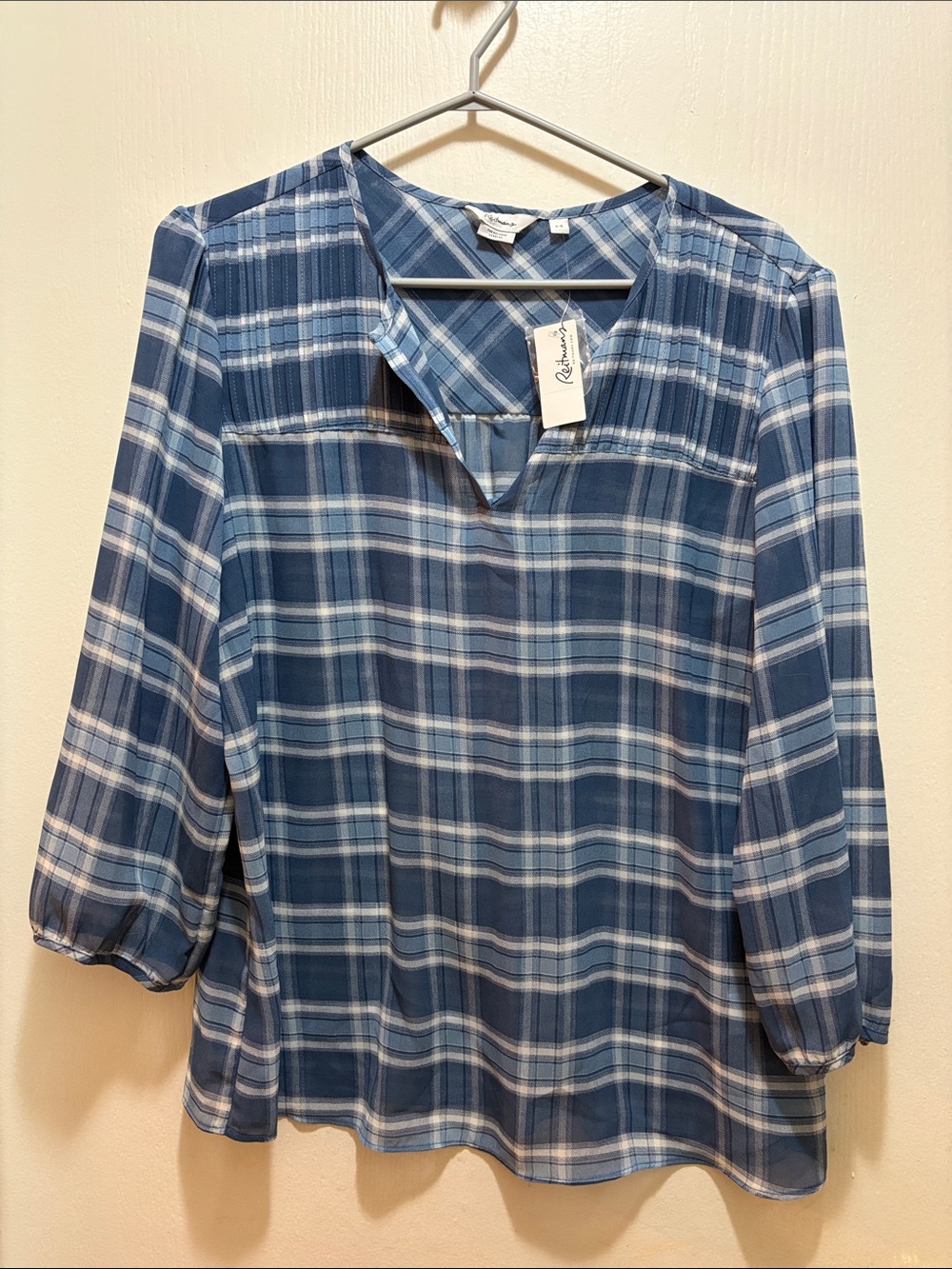 Reitmans Sheer Navy and Light Blue Plaid Split-Neck Blouse